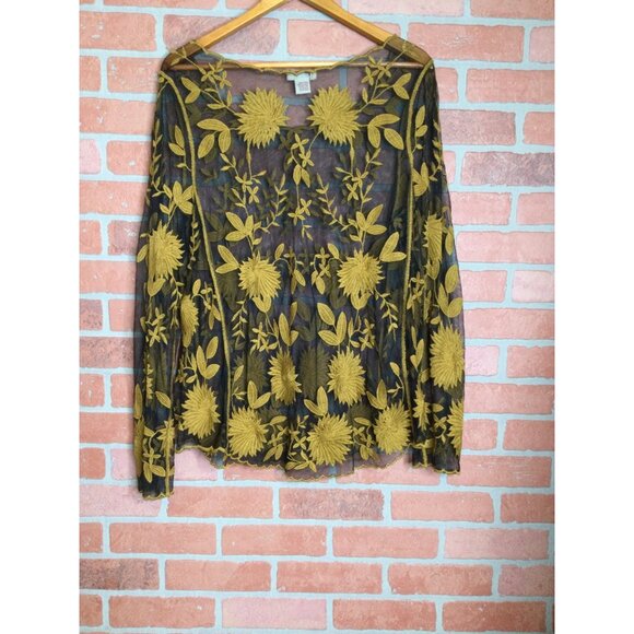 Sundance Sheer Black Gold Embroidered Floral Blouse Top Size L Whimsigoth - Picture 4 of 8